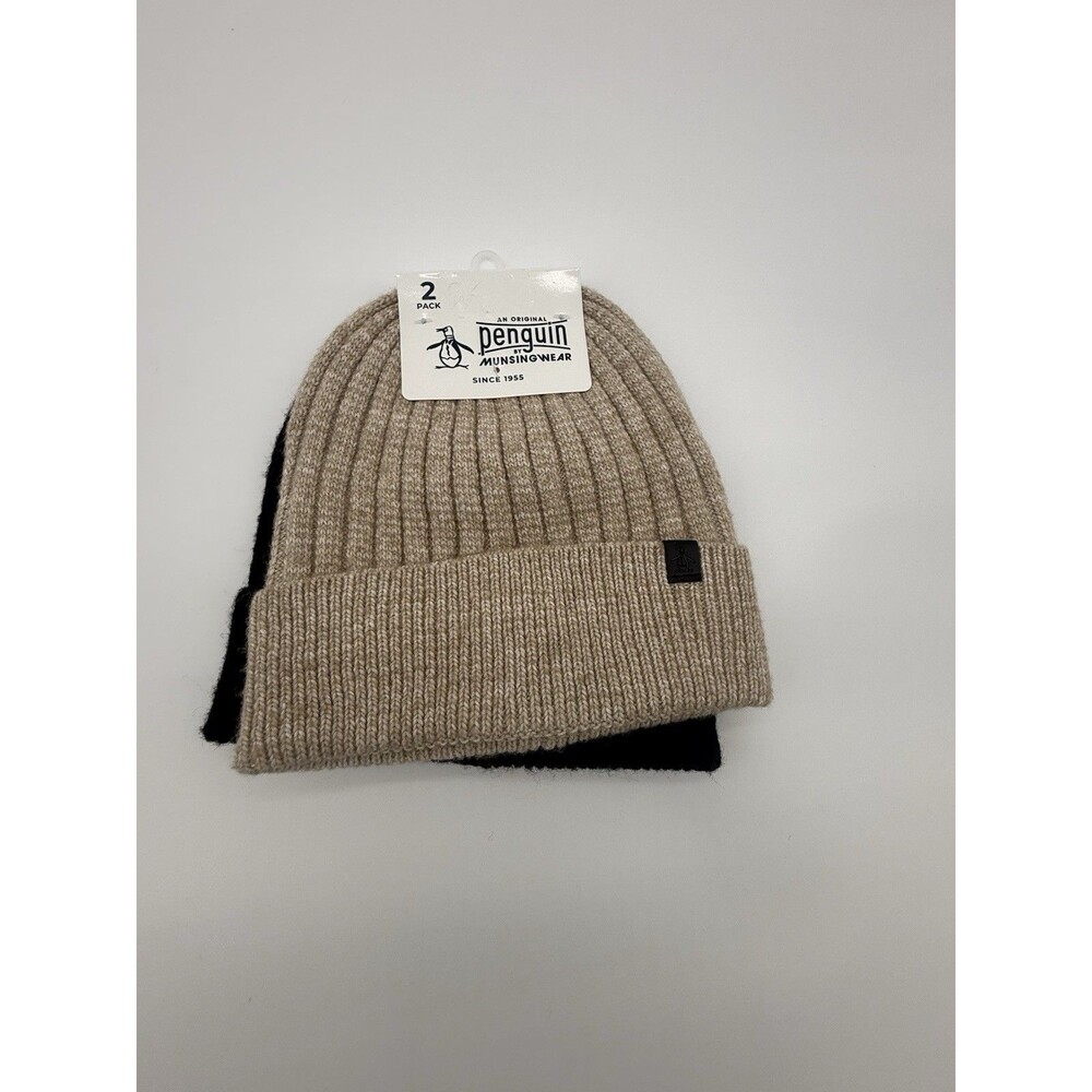 Original Penguin By Munsingwear Knit Hat Beanie Cuffed Black /Brown 2 Pack